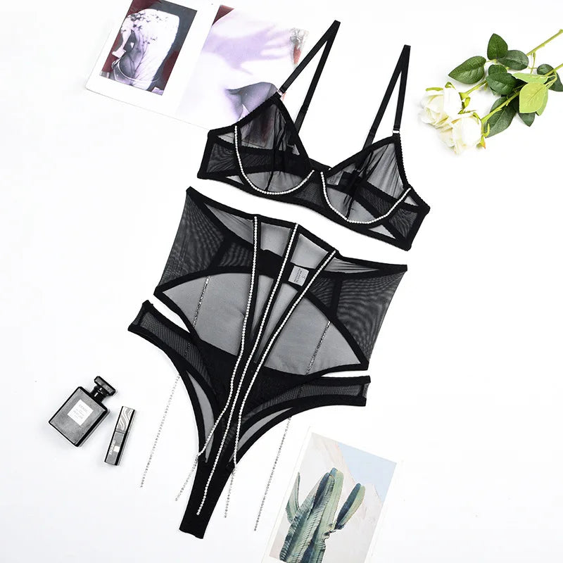 Rhinestone Lingerie With Waistband Sheer Lace Sensual Underwear Glitter Tassels Women Uncensored y Intimate