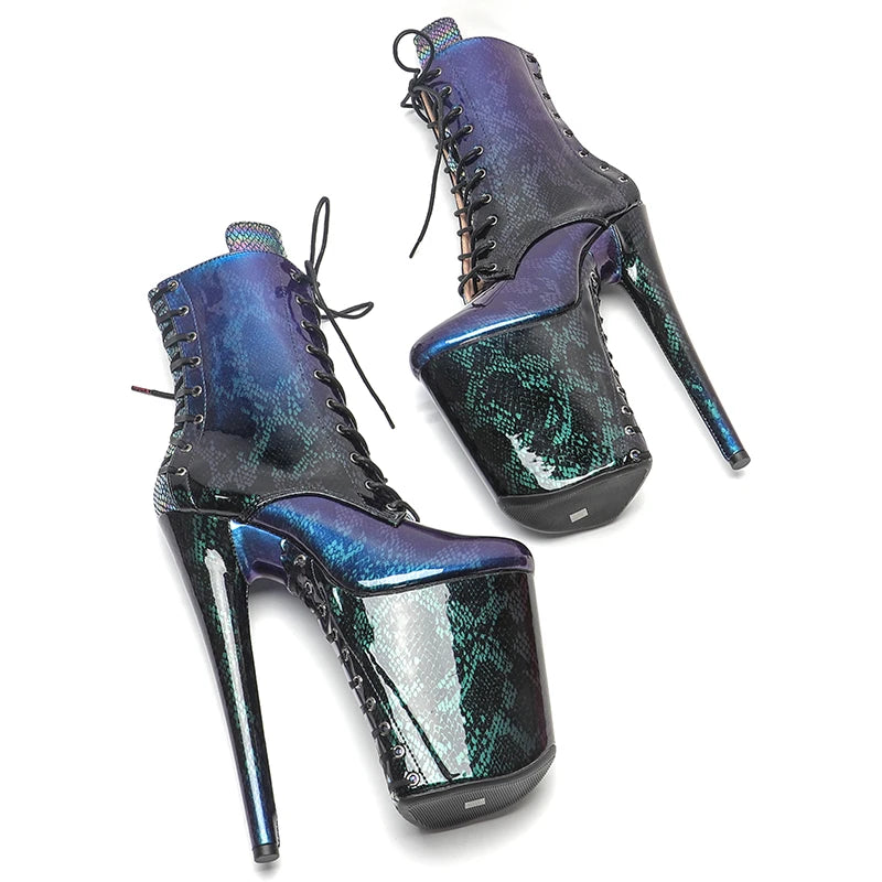 23CM/9inches shinny Snakeskin material lace up sole and upper High Heels Pole Dance boot