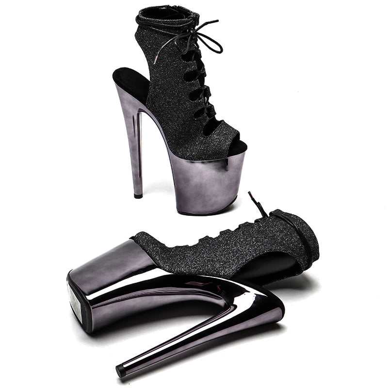 20CM/8inches Glitter Upper open toe lady ankle boots High Heel Electroplate platform Pole Dance boot