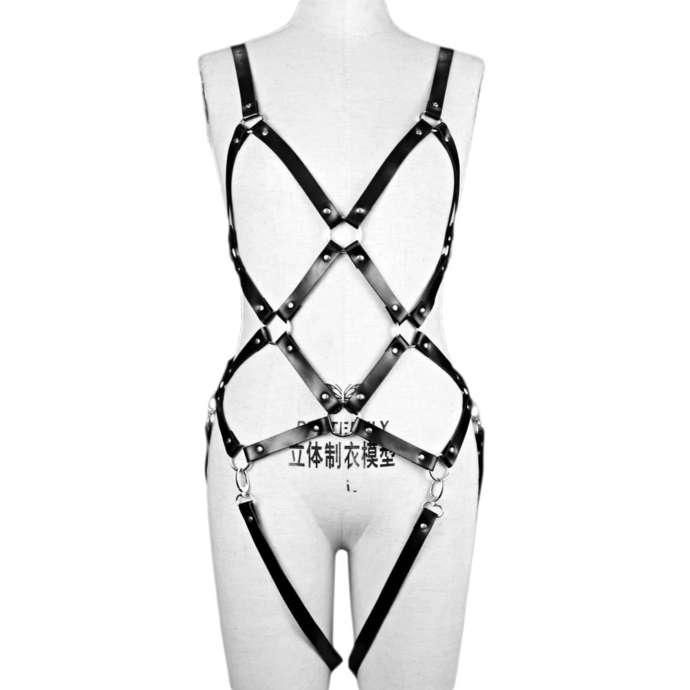 PU Leather Harness Fashion Pink Garter Full Body Lingerie Body Tops Cage Fishnet Style Women's Underwear Suspenders