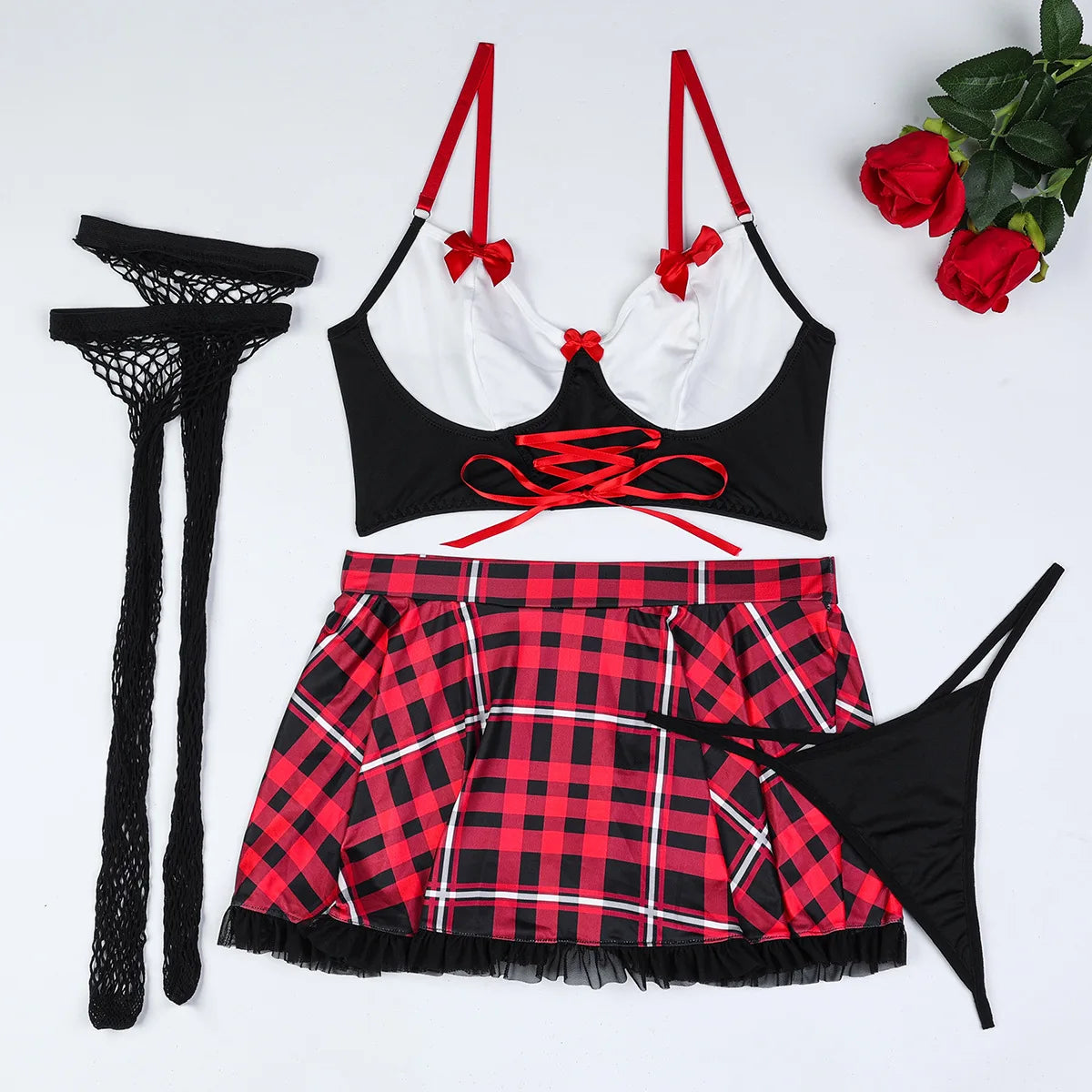Ellolace Plaid Cosplay Sexy Lingеrie Set With Stocking Sissy Onlyfans Costume School Uniform Ensemble Lingeries Femmes 5-Piece