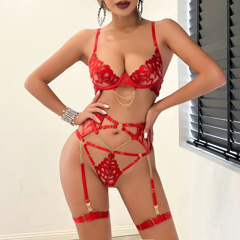Red Hot y Lingerie Push Up Fantasy Underwear Brazilian Intimate Sets Transparent Lace Luxury Obsessive Outfits