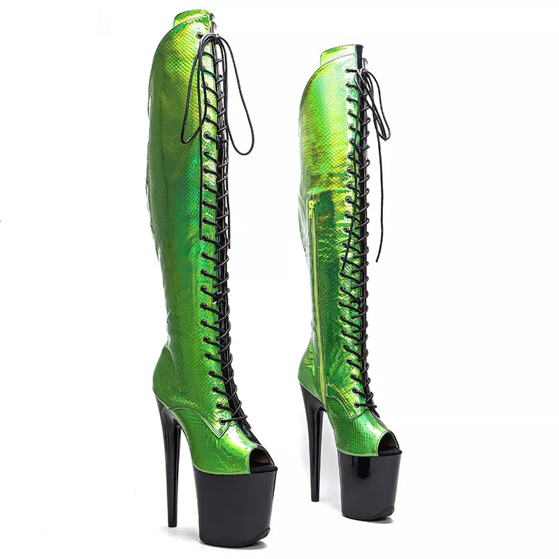 20CM/8Inch Black with green Upper open toe Platform disco party High Heels Shoes Pole Dance boot