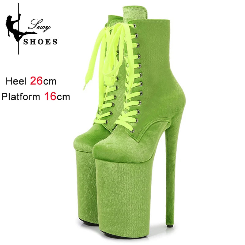 Sexy Ankle Boots 26cm 10Inches Women Exotic Pole Dance Shoes Platform Fashion Flannel Lace Up Nightclub Stripper Heels