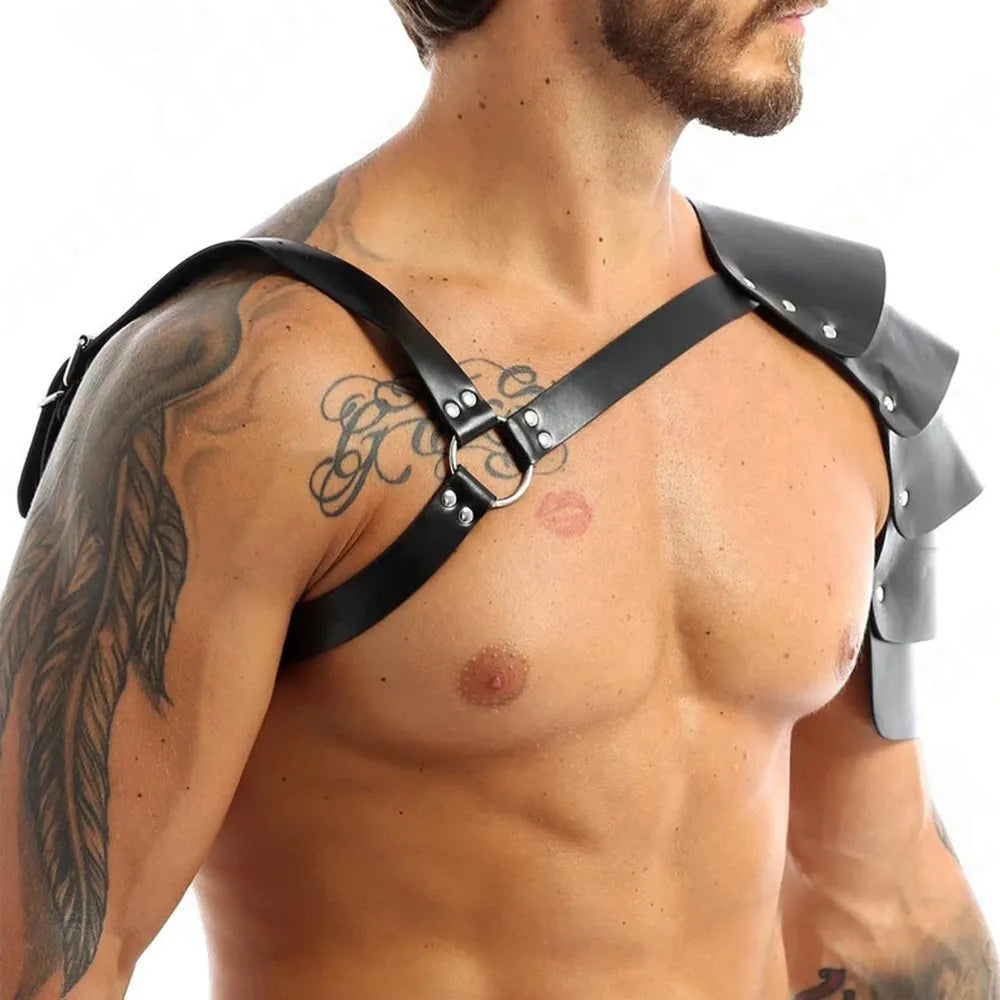 Mens Lingerie Faux Harness Leather Adjustable Armor Body Chest Harness Male Exotic Costume with Buckles
