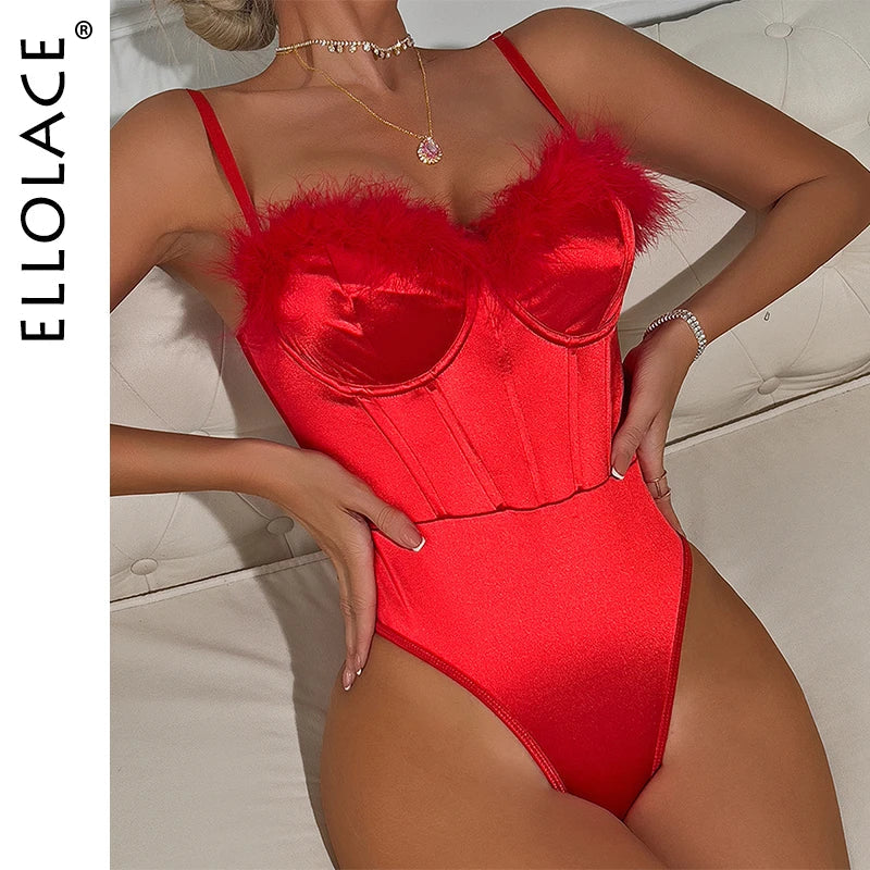 Ellolace Feather Silk Bodysuit Sissy Elegant Women's Clothing Open Crotch Sleeveless Tops Santa Valentine Fantasy Hot Red Body