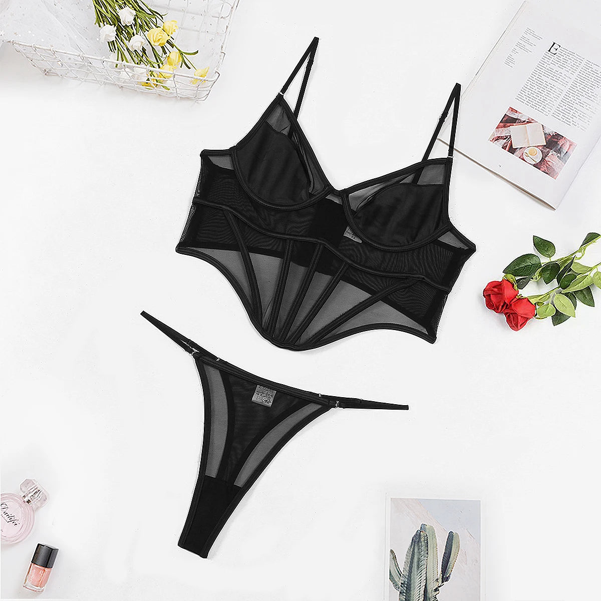 Sensual Lingerie Black Transparent Set Women 2 Piece Sheer Lace Exotic Intimate Daily Underwear For Mesh Outfits