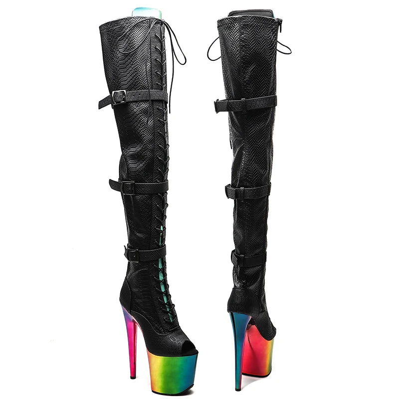 20CM/8inches Snake PU Upper Open Toe with colorful electroplate High Heel platform Boots Pole Dance boots