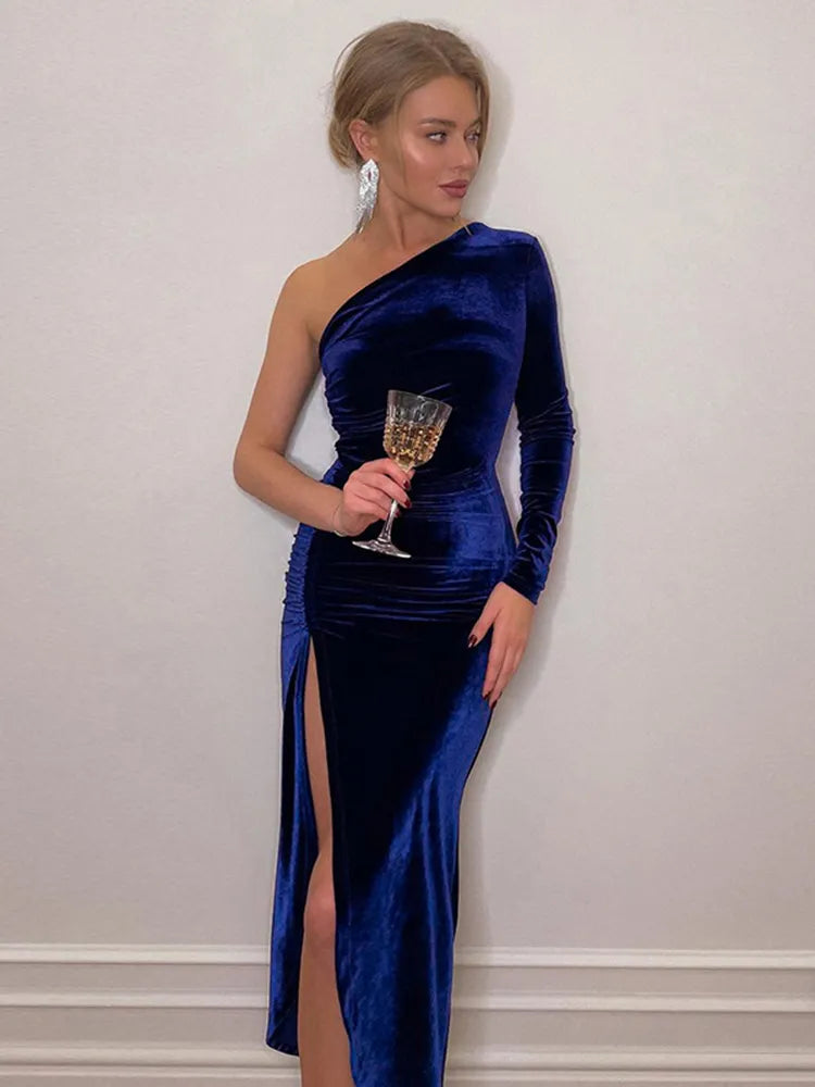 Dulzura Long Sleeve One Shoulder Ruched Velvet Midi Dress Side Slit Bodycon Sexy Party Elegant Clothes Brithday Evening Outfits