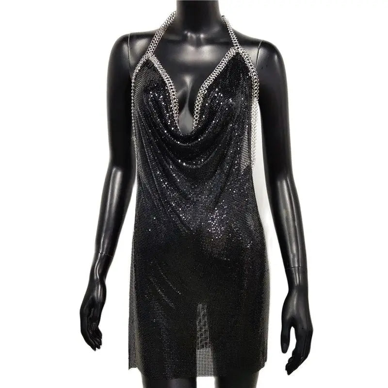 Sexy See Through Rhinestone Metal Chain Glitter Summer Dress Women Backless Slip Sequins Mini Luxury Club Party Dresses Vestidos