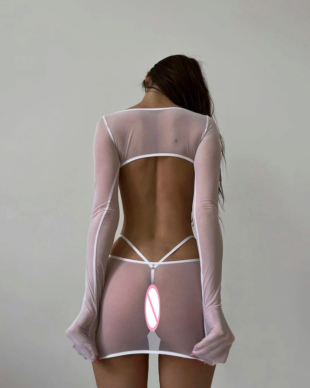 Sensual Lingerie Transparent Babydoll Sheer Mesh Cutout Waist Dress Hot Outfit Uncensored Tulle Costume