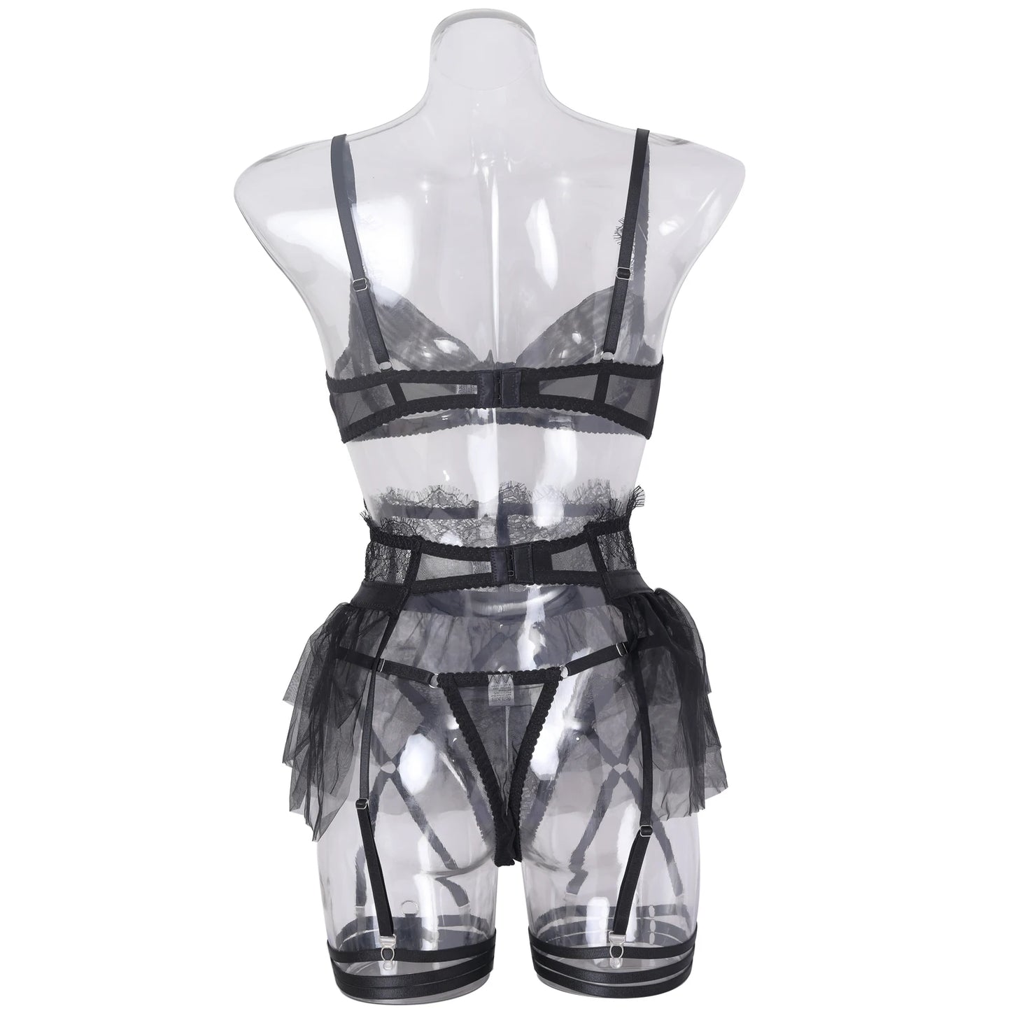 Delicate Ruffled Lingerie Transparent Bra Garter Brief Set 4-Piece Sensual Tulle Underwear Uncensored Exotic Sets