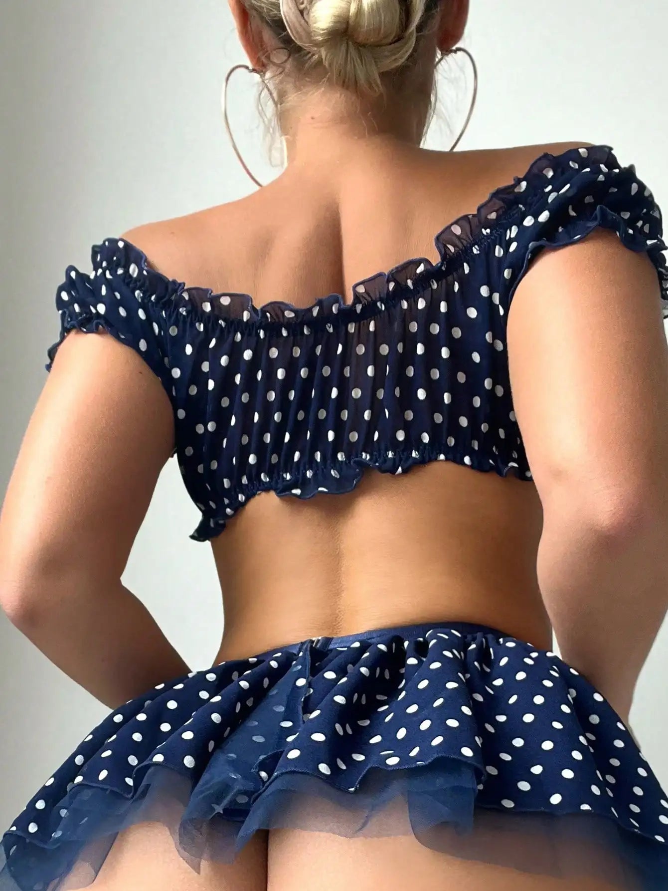 Ellolace Polka Dot Lingerie 5-Piece Off Shoulder Ruffled Top Skirt Thongs Stocking Romantic Intimate Goods Exotic Sets