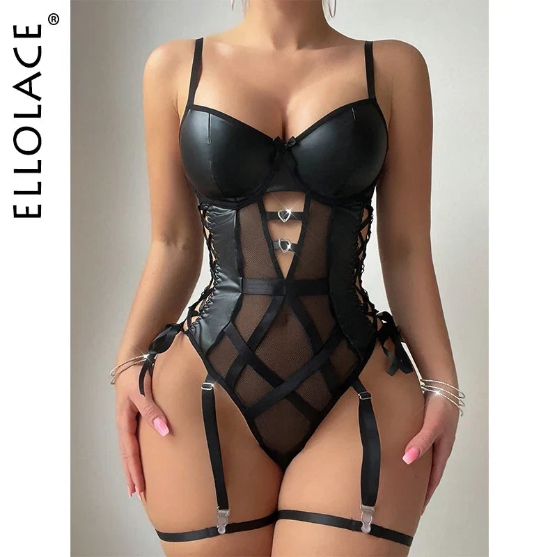 Ellolace Sexy Leather Skin Bodysuit Mesh Lace Up Body Sissy One Piece Sleeveless Tops Hot Crotchless Black Latex Bodys Lingerie