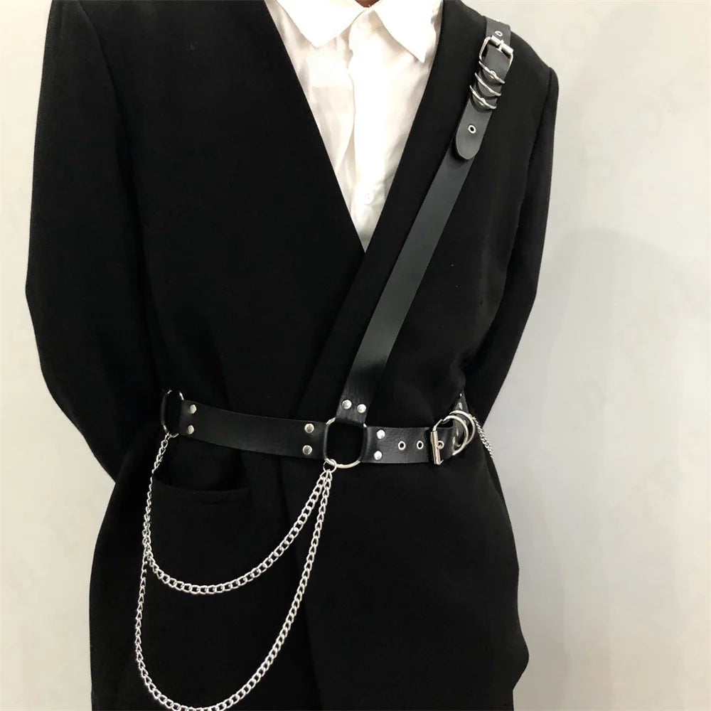 Gay Men Harness One Shoulder Back PU Leather Harness Body Chain Harness Carnival Costumes Rave Outfit Festival Wear