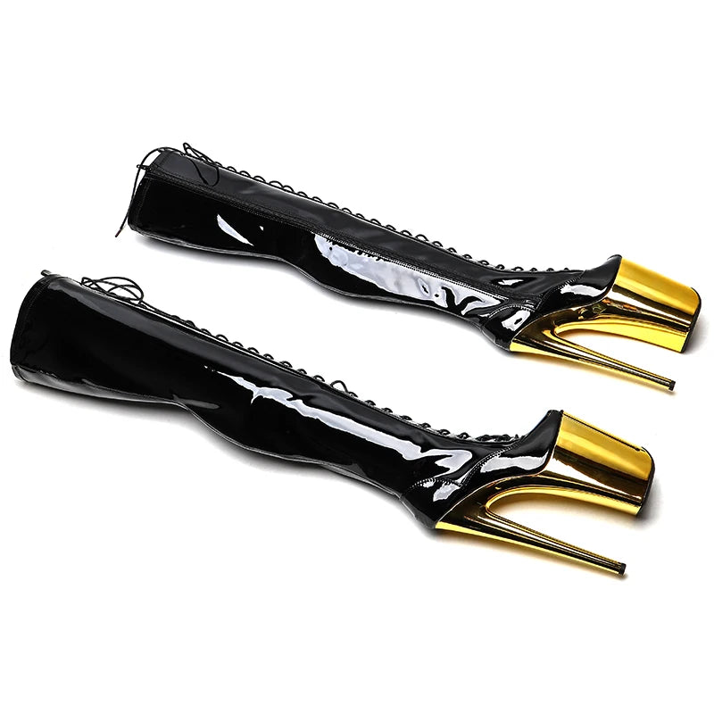 23CM/9inches Patent PU upper y boots Open Toe Gold electroplate High Heels Platform Pole Dance shoes