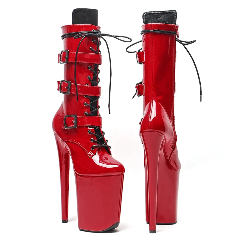 23CM/9inches Patent Upper High Heels Platform Mid Calf Boots Lace Up y Pole Dancing Boot