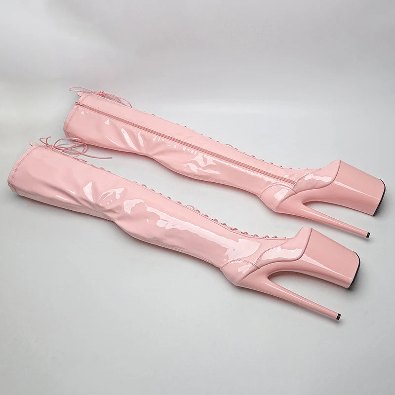 23CM/9inches Patent Upper Women Fashion High Heel Platform Open Toe Thigh High Boots Pole Dance Boot