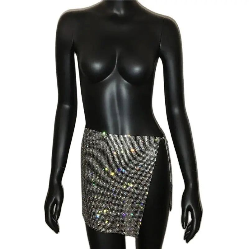 AKYZO Women Sparkly Rhinestone Sexy Two Piece Set 2023 New Low Cut Sleeveless Halter Backless Party Top Split Empire Mini Skirt