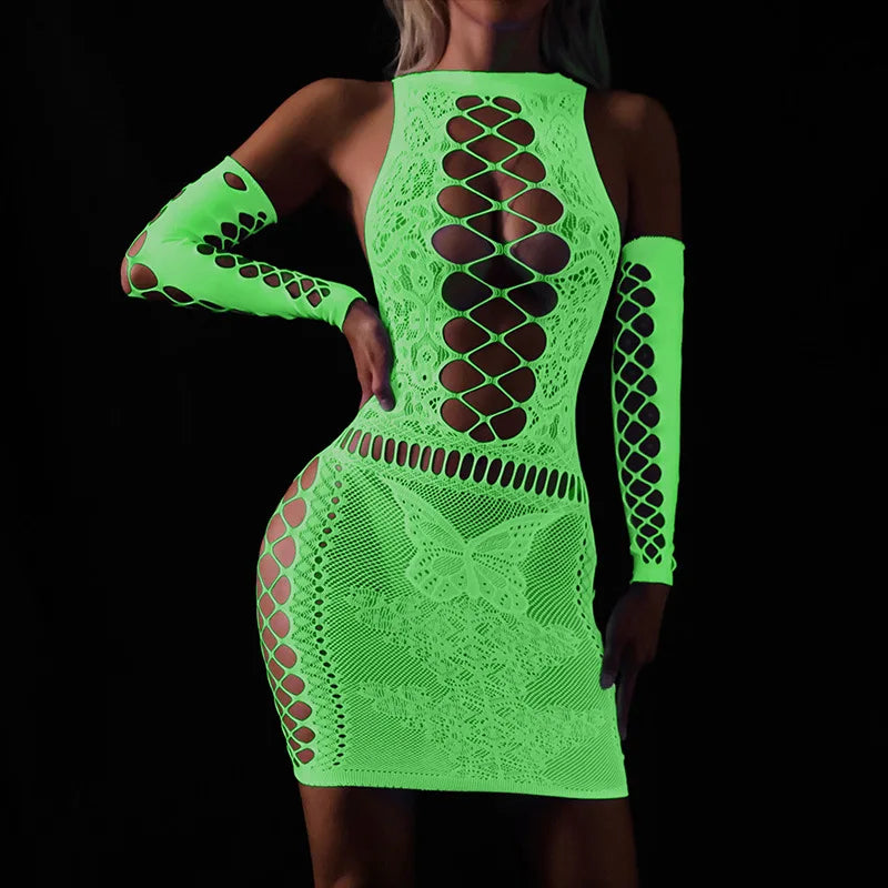 New Luminous Crotchless Bodystocking For Mesh Babydoll Dress Transparent Lingerie Plus Size Curvy Bodysuit Costumes