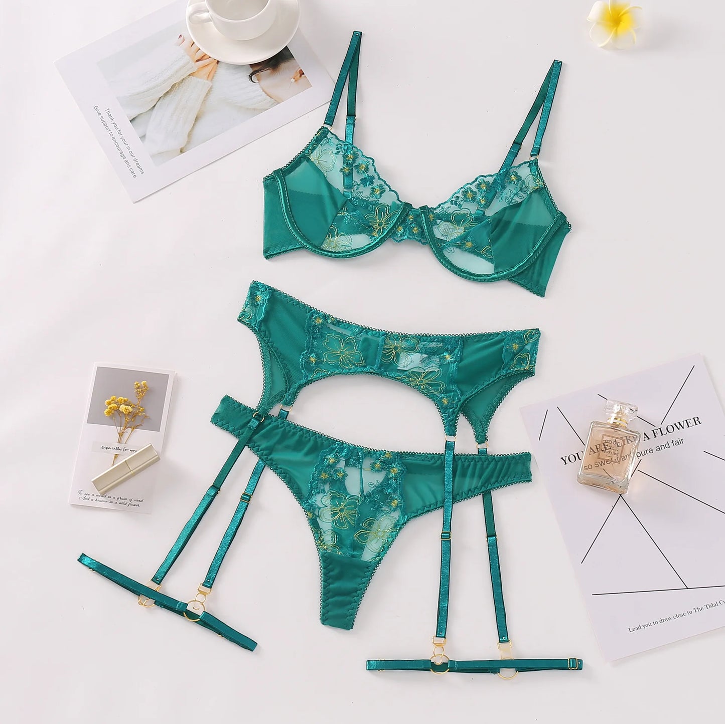 Set Woman 3 Pieces y Love Lingerie Fancy Embroidery Underwear Lace Green Exotic Sensual Brief Sets with Garters