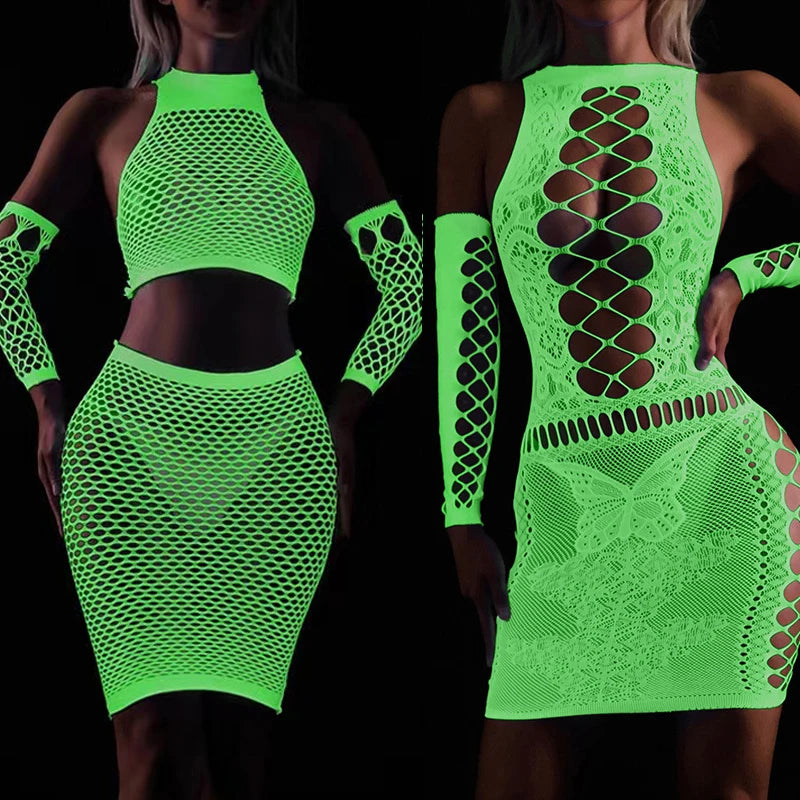 New Luminous Crotchless Bodystocking For Mesh Babydoll Dress Transparent Lingerie Plus Size Curvy Bodysuit Costumes