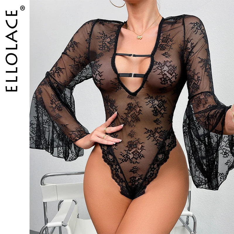 Ellolace Kinky Bodysuit Fantasy Trumpet Sleeve Fetish Sexy Hot Lingerie Body Naked Erotic Costume Sissy See-Through Tights