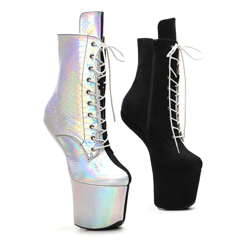 Silver with black upper Lace Up Ankle Boots y Exotic heelless pole dance shoes