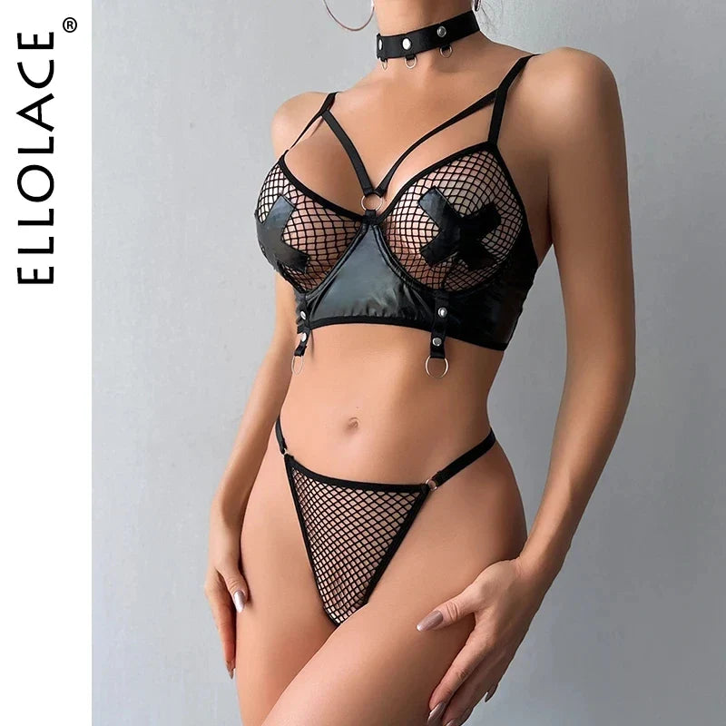 Ellolace Fishnet Lingerie For Sexual Woman Synthetic Porn Erotic Costume Transparent Underwear Tulle Bra Panties Fantasy Outfits