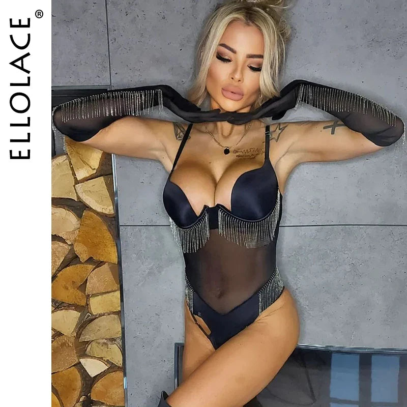 Ellolace Tassels Bodysuit With Long Gloves Sheer Lace Push Up Cup Kinky Bodysuits sexy Outfit Club Lingerie One piece Body