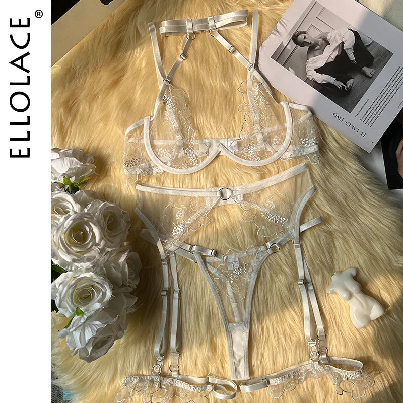 Ellolace Sensual Romantic Lingeries Transparent Lace Embroidery Hot Girl Underwear See Through Lace Set Half Cup Push Up Outfit