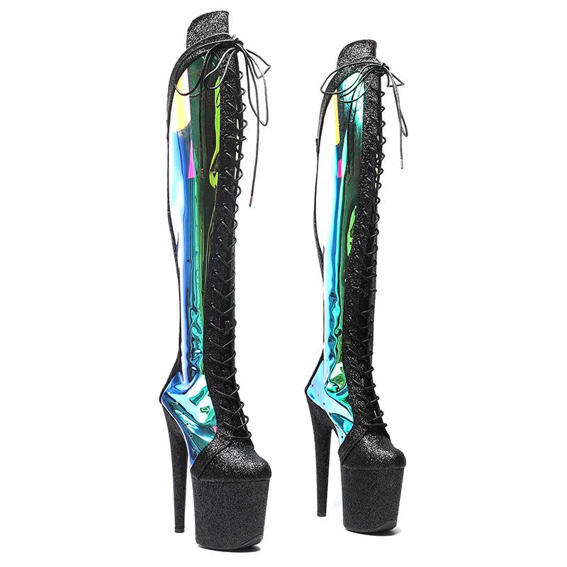 20CM/8inches Glitter Upper with holography TPU Trend fashion High Heel platform Boots Pole Dance boots