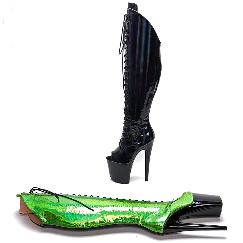 20CM/8Inch Black with green Upper open toe Platform disco party High Heels Shoes Pole Dance boot