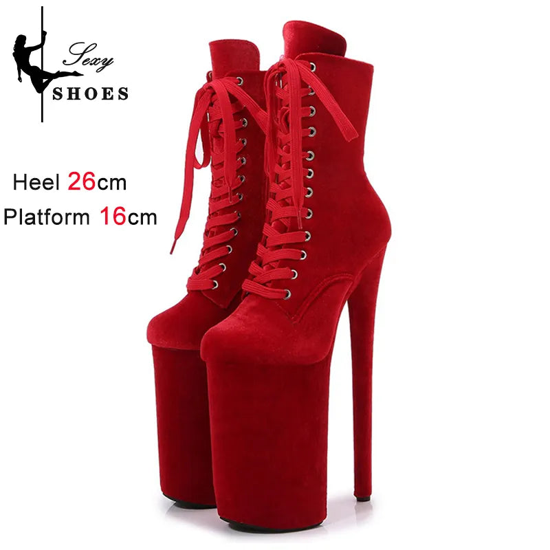 Sexy Ankle Boots 26cm 10Inches Women Exotic Pole Dance Shoes Platform Fashion Flannel Lace Up Nightclub Stripper Heels