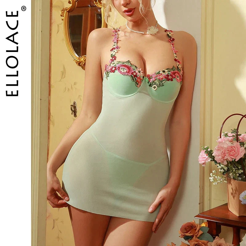 Ellolace Fancy Floral Babydoll Dress Mini Sissy Dresses For Women Aesthetic Nightdress See-Through Lace Sleepewear Sexy Suits