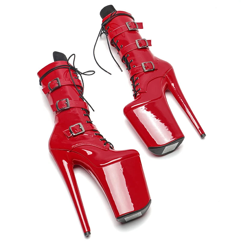 23CM/9inches Patent Upper High Heels Platform Mid Calf Boots Lace Up y Pole Dancing Boot