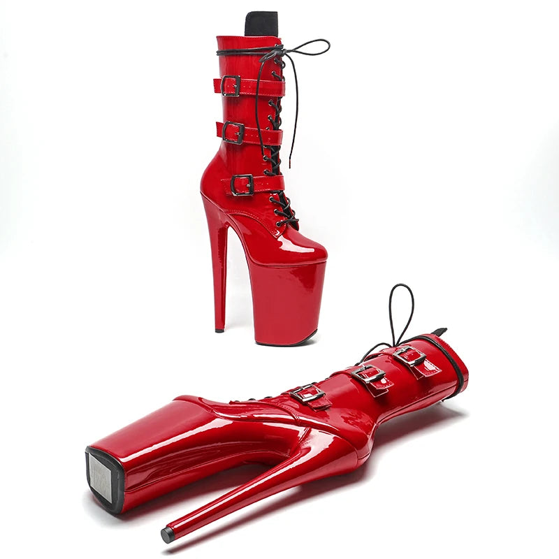 23CM/9inches Patent Upper High Heels Platform Mid Calf Boots Lace Up y Pole Dancing Boot