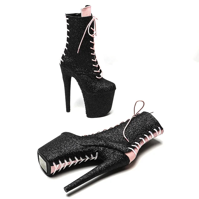 20CM/8inches Black with Pink Glitter Upper Fashion and trends High Heel platform Pole Dance boot