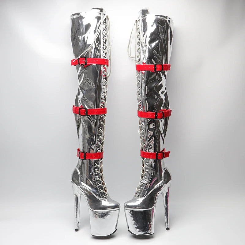 20CM/8inches Women New Extreme High Heel Lap Dancing Stripper Shoes Platform belt buckle thigh high boots 5B
