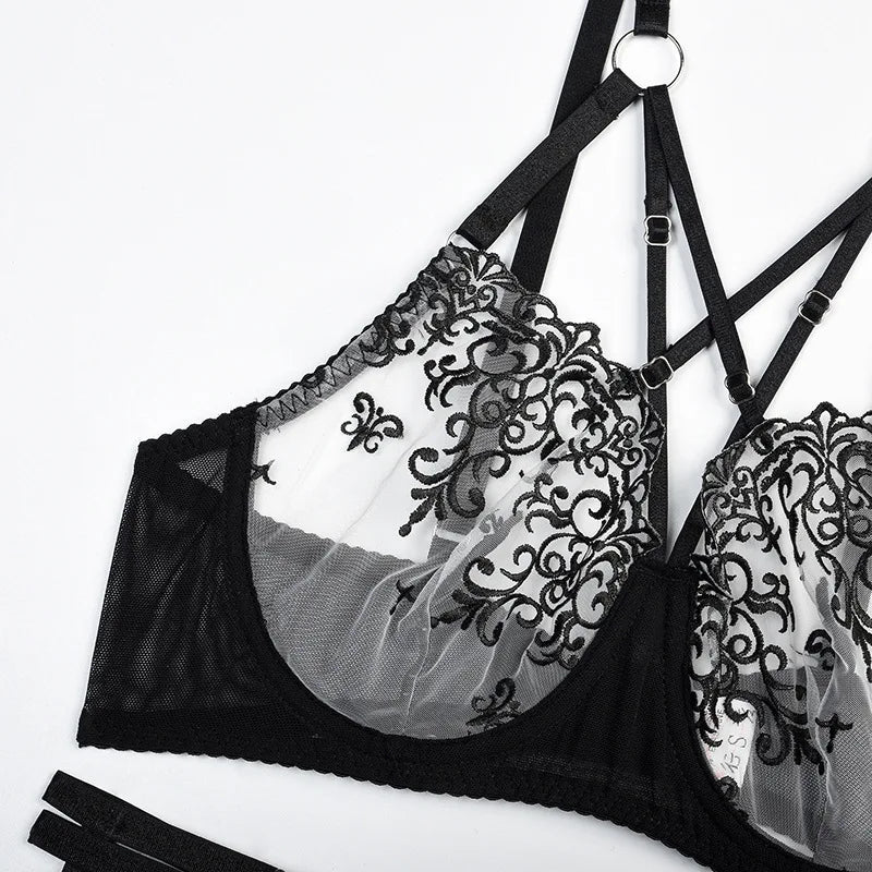 Fancy Lingerie Sujetador cruzado Ropa interior de encaje transparente floral 4 piezas Hada sensual Íntimo sin censura y conjuntos exóticos