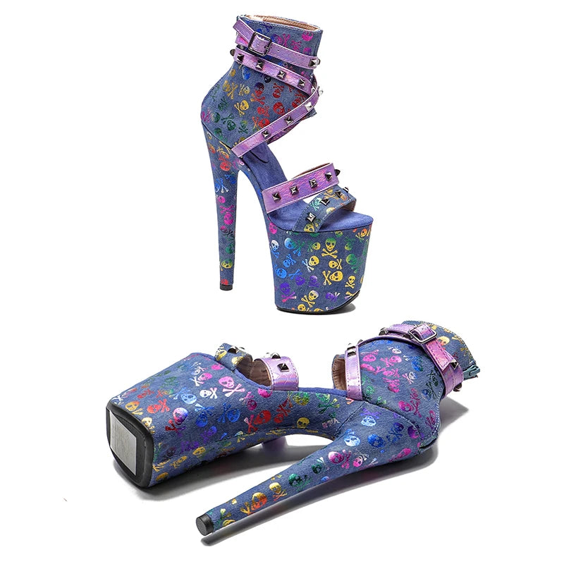 20CM/8inches Denim Upper with Snake PU colorful Color High Heel platform Pole dancing shoes Pole Dance Sandals