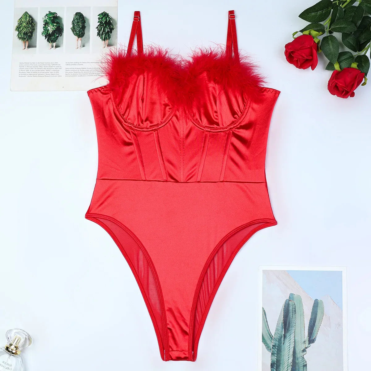 Ellolace Feather Silk Bodysuit Sissy Elegant Women's Clothing Open Crotch Sleeveless Tops Santa Valentine Fantasy Hot Red Body