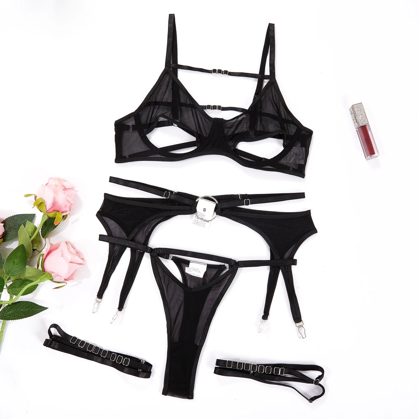 Open Bra Sensual Lingerie Transparent Bilizna Set Garters Exotic Sets Black Intimate 3-Piece