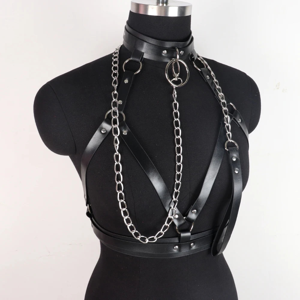 Goth Bra y Lingerie For Woman Leather Body Harness Belt Chest y Corset With Chain Festival Outfits Women