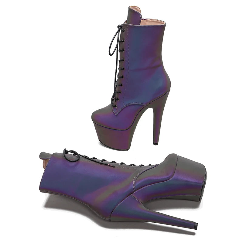 17CM/7inches Holographic Light reflected PU upper Pole dancing shoes High Heel platform boot women boots 3B