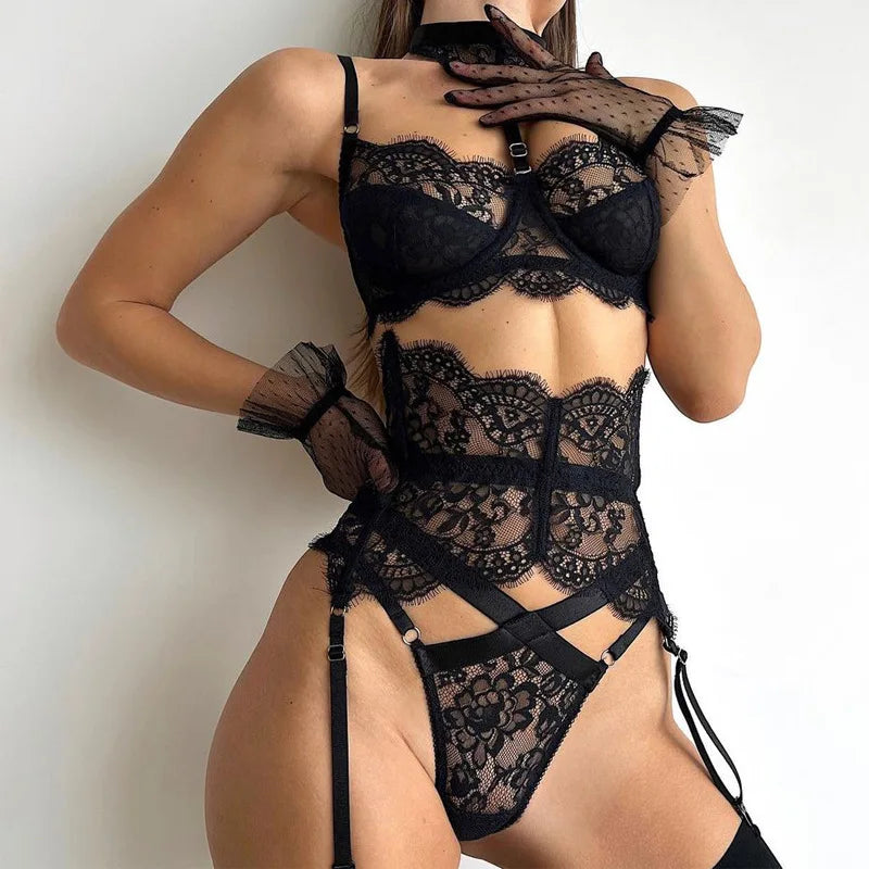 Lencería brasileña ys, traje de sujetador sin costuras de encaje transparente, ropa interior Push Up, traje atractivo íntimo