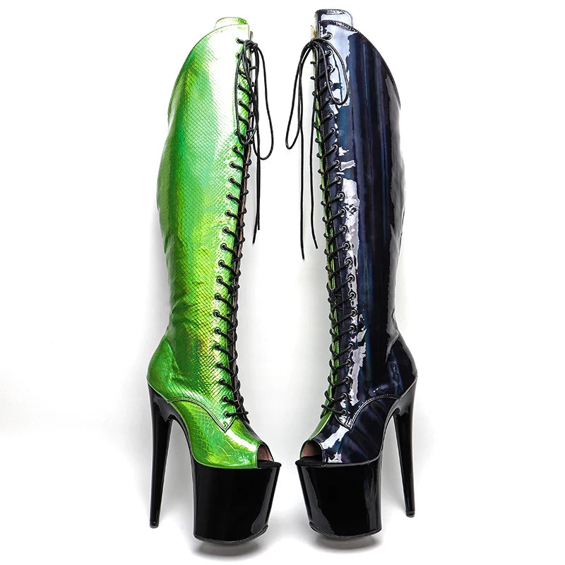 20CM/8Inch Black with green Upper open toe Platform disco party High Heels Shoes Pole Dance boot