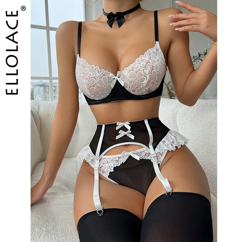 Maid Outfit Lingerie Lace Stocking Underwear Cutey Bowknot Panties With Hairballs See Through Sensual Fancy Exotic Sets