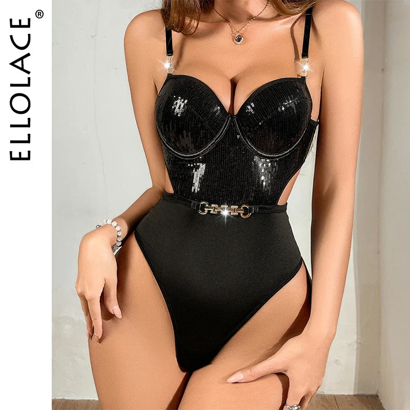 Ellolace Sexy Adult Couples Lingerie Bodysuit Sequin Casual Black Body Summer Top Shine Elegant One Piece Bodycon Tops Tight