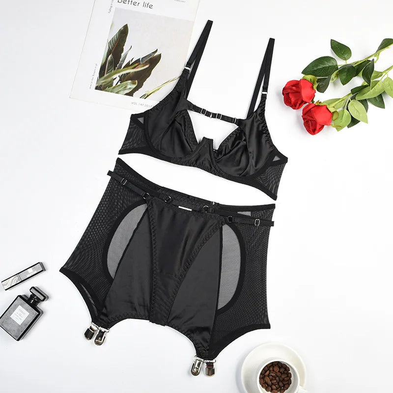 Silk Underwear Lingerie y Crotchless Garter 3-Piece Bra Kit Push Up Bilizna Set Fine Setup Outfit Sensual Intimate